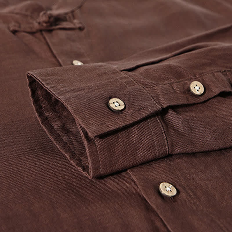 Buddha Stones Camisas de manga larga para hombre de estilo casual otoñal con cuello mandarín y color liso. - image 4