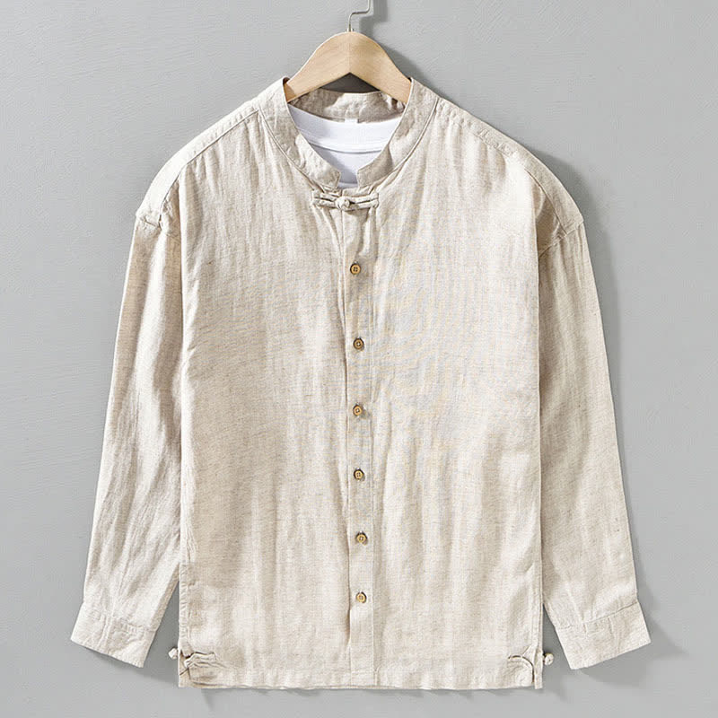 Buddha Stones Camisas de manga larga para hombre de estilo casual otoñal con cuello mandarín y color liso. - image 9