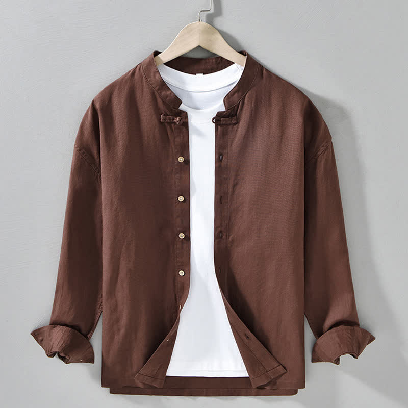 Buddha Stones Camisas de manga larga para hombre de estilo casual otoñal con cuello mandarín y color liso. - Marrón silla de montar - US/UK/AU42, EU52 (3XL) - image 0