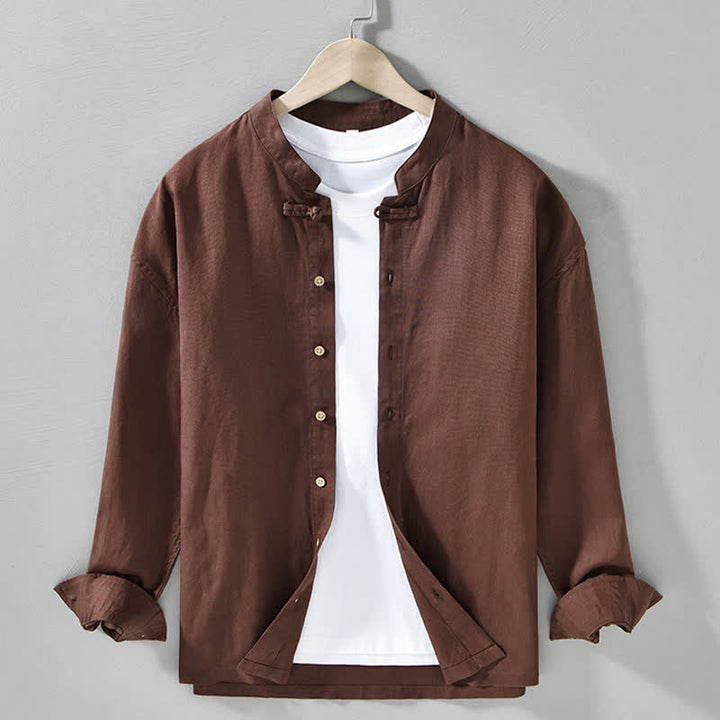 Buddha Stones Camisas de manga larga para hombre de estilo casual otoñal con cuello mandarín y color liso. - Marrón silla de montar - US/UK/AU42, EU52 (3XL) - image 0