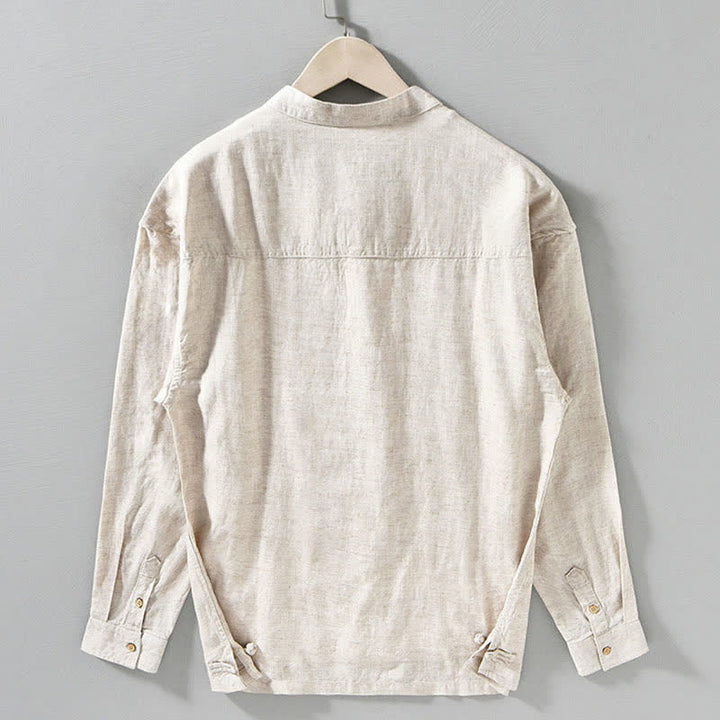 Buddha Stones Camisas de manga larga para hombre de estilo casual otoñal con cuello mandarín y color liso. - image 10