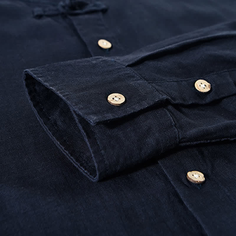 Buddha Stones Camisas de manga larga para hombre de estilo casual otoñal con cuello mandarín y color liso. - image 7