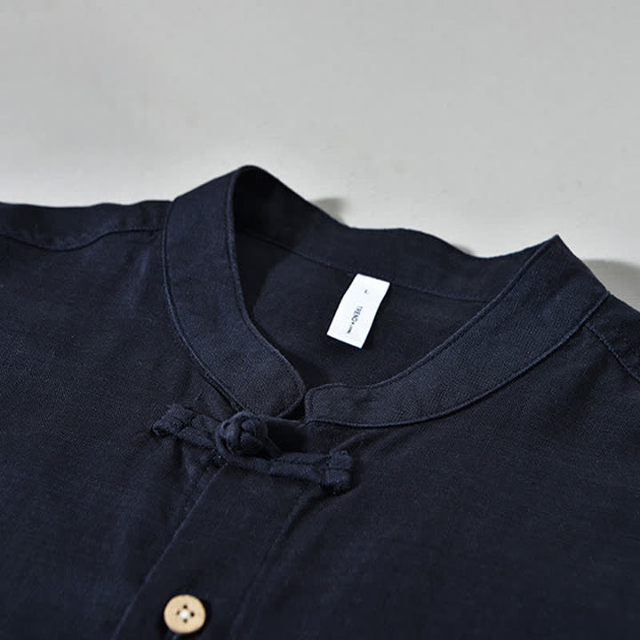 Buddha Stones Camisas de manga larga para hombre de estilo casual otoñal con cuello mandarín y color liso. - image 6
