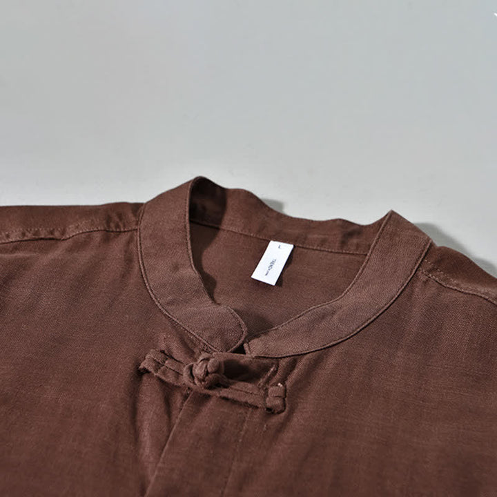 Buddha Stones Camisas de manga larga para hombre de estilo casual otoñal con cuello mandarín y color liso. - image 2