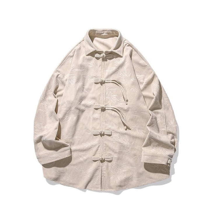 Buddha Stones Camisas de manga larga para hombre de pana con estampado de bambú y botones de rana estilo Tang para otoño/invierno. - image 42