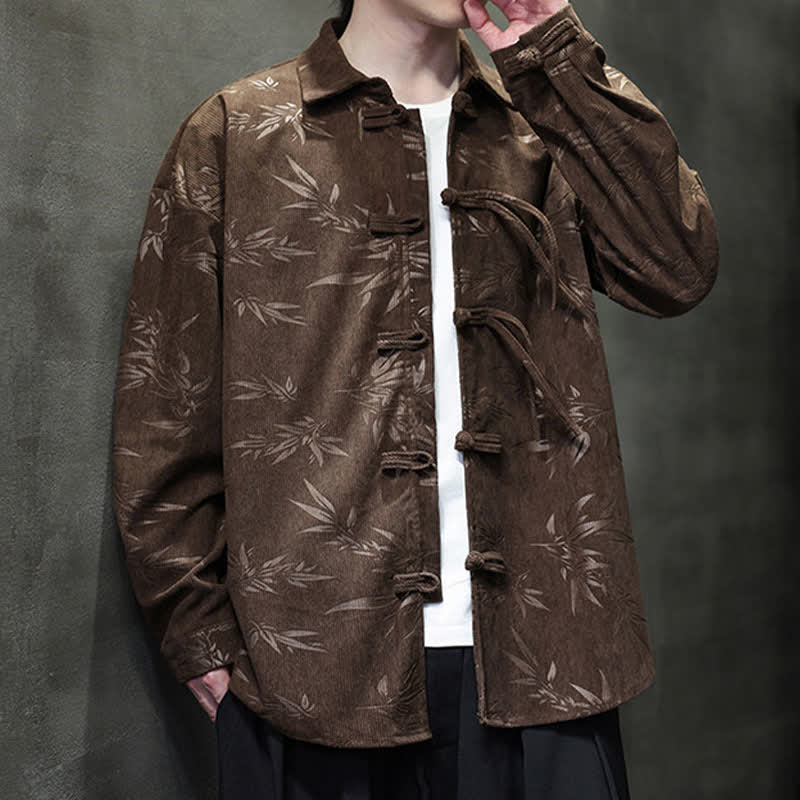 Buddha Stones Camisas de manga larga para hombre de pana con estampado de bambú y botones de rana estilo Tang para otoño/invierno. - image 31
