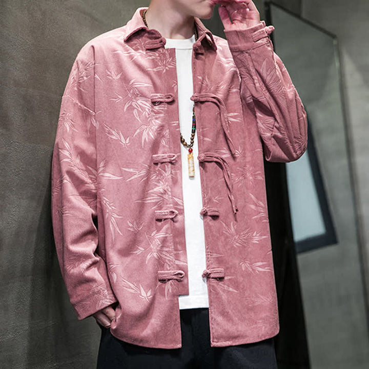Buddha Stones Camisas de manga larga para hombre de pana con estampado de bambú y botones de rana estilo Tang para otoño/invierno. - image 14
