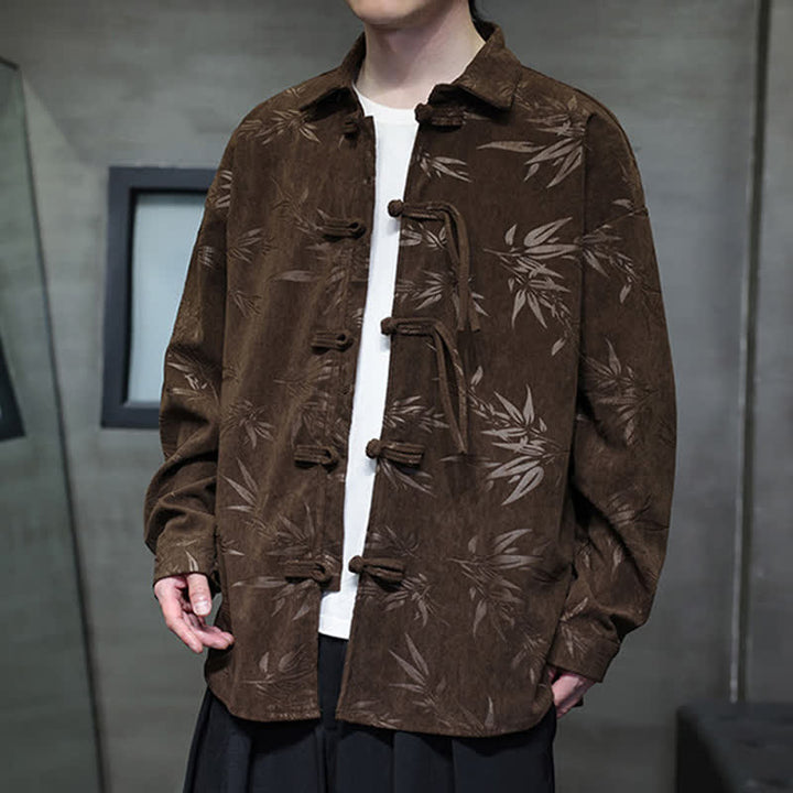 Buddha Stones Camisas de manga larga para hombre de pana con estampado de bambú y botones de rana estilo Tang para otoño/invierno. - image 27