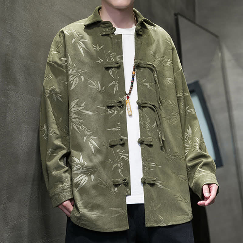 Buddha Stones Camisas de manga larga para hombre de pana con estampado de bambú y botones de rana estilo Tang para otoño/invierno. - image 7