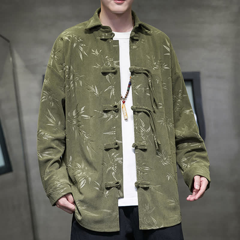 Buddha Stones Camisas de manga larga para hombre de pana con estampado de bambú y botones de rana estilo Tang para otoño/invierno. - image 5