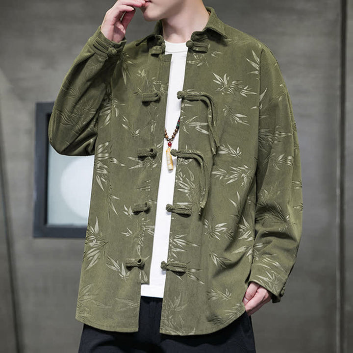 Buddha Stones Camisas de manga larga para hombre de pana con estampado de bambú y botones de rana estilo Tang para otoño/invierno. - image 2