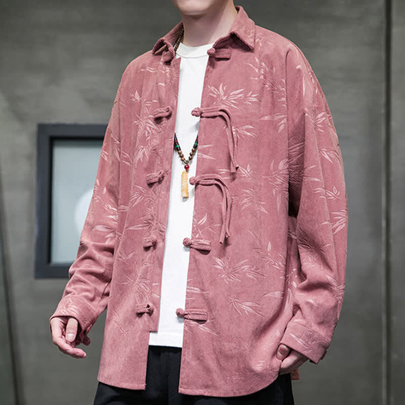 Buddha Stones Camisas de manga larga para hombre de pana con estampado de bambú y botones de rana estilo Tang para otoño/invierno. - image 15