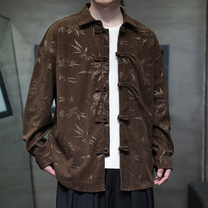 Buddha Stones Camisas de manga larga para hombre de pana con estampado de bambú y botones de rana estilo Tang para otoño/invierno. - image 30