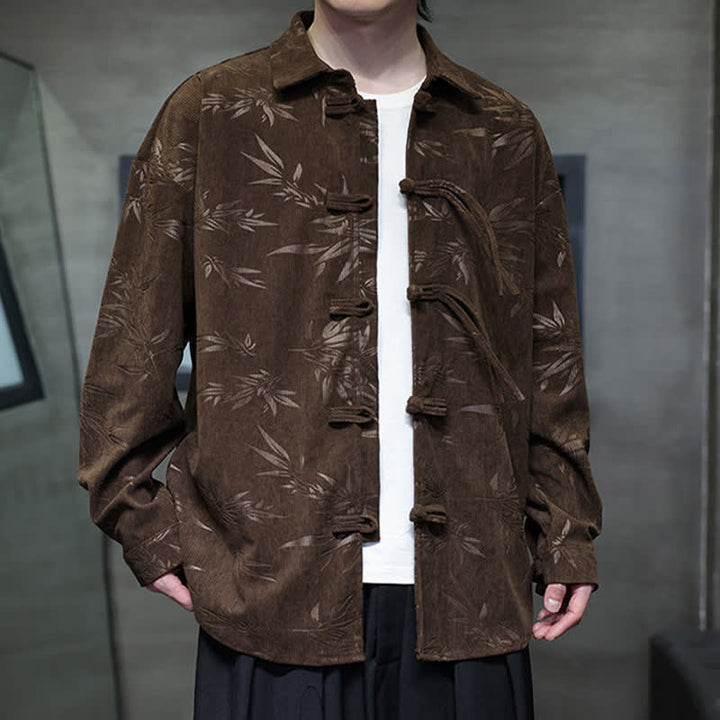 Buddha Stones Camisas de manga larga para hombre de pana con estampado de bambú y botones de rana estilo Tang para otoño/invierno. - image 30
