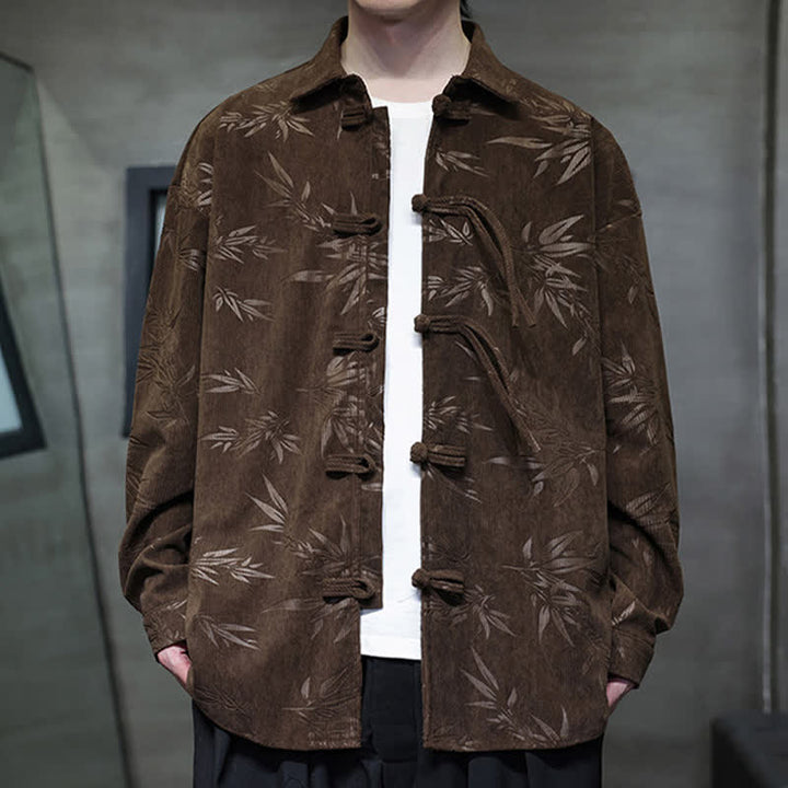 Buddha Stones Camisas de manga larga para hombre de pana con estampado de bambú y botones de rana estilo Tang para otoño/invierno. - image 32
