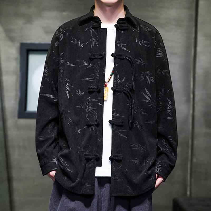Buddha Stones Camisas de manga larga para hombre de pana con estampado de bambú y botones de rana estilo Tang para otoño/invierno. - Negro - US/UK/AU46, EU56 (5XL) - image 17