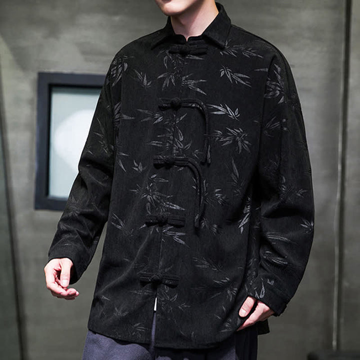 Buddha Stones Camisas de manga larga para hombre de pana con estampado de bambú y botones de rana estilo Tang para otoño/invierno. - image 19