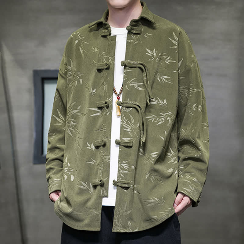Buddha Stones Camisas de manga larga para hombre de pana con estampado de bambú y botones de rana estilo Tang para otoño/invierno. - image 1