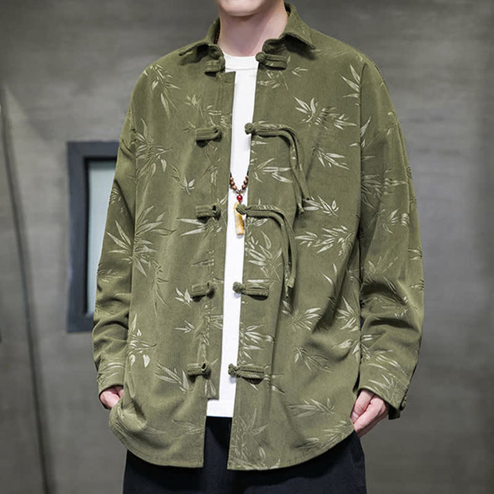 Buddha Stones Camisas de manga larga para hombre de pana con estampado de bambú y botones de rana estilo Tang para otoño/invierno. - image 1