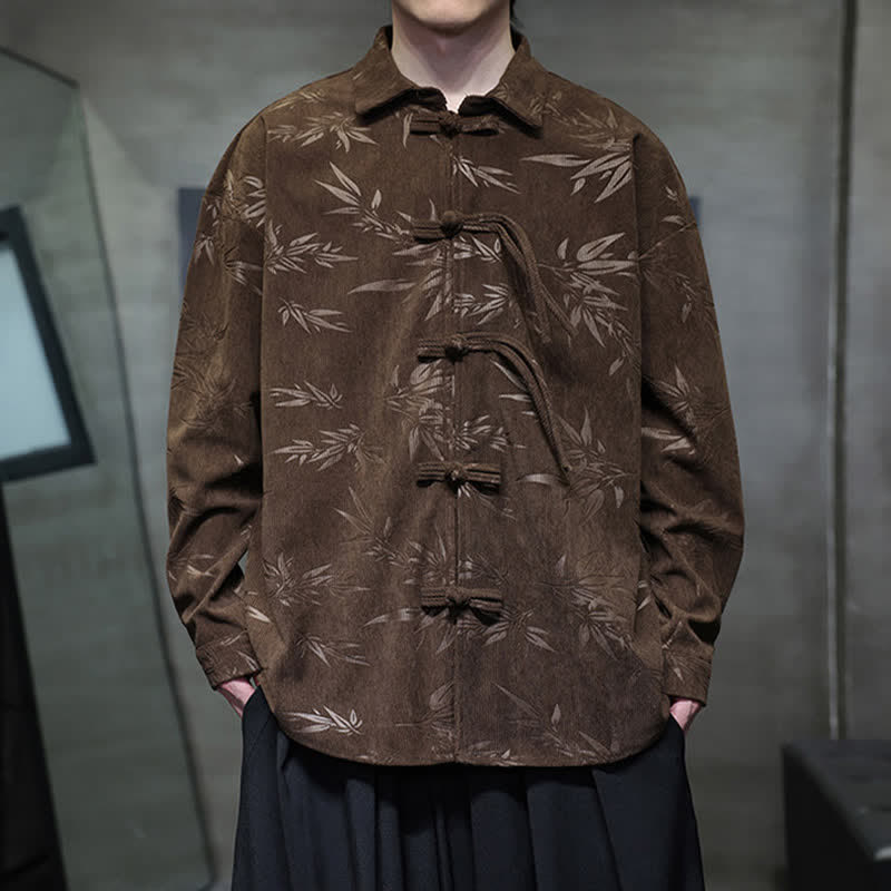 Buddha Stones Camisas de manga larga para hombre de pana con estampado de bambú y botones de rana estilo Tang para otoño/invierno. - Marrón silla de montar - US/UK/AU46, EU56 (5XL) - image 25