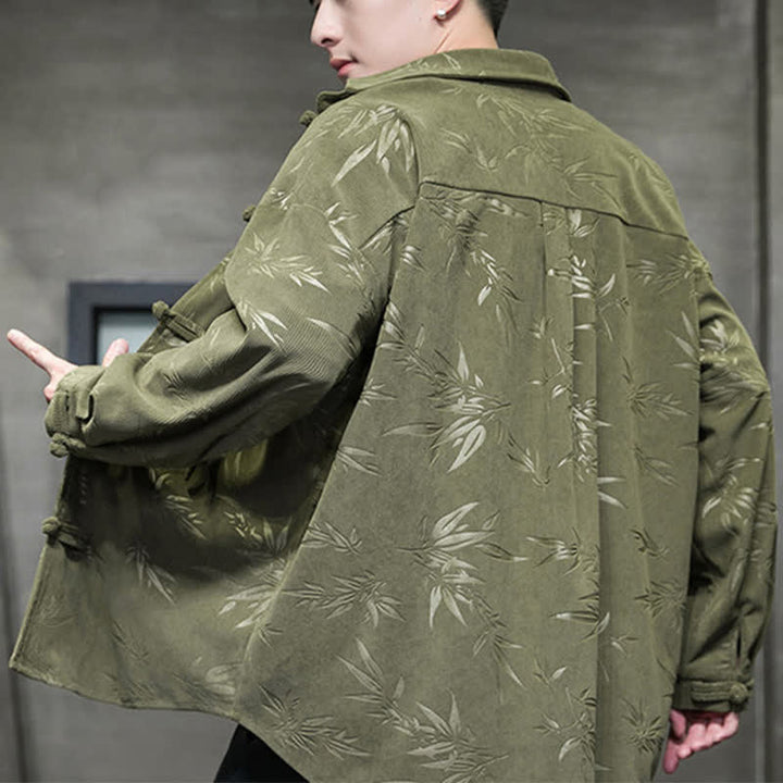 Buddha Stones Camisas de manga larga para hombre de pana con estampado de bambú y botones de rana estilo Tang para otoño/invierno. - image 3