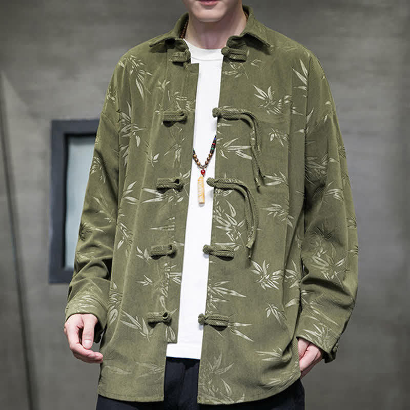 Buddha Stones Camisas de manga larga para hombre de pana con estampado de bambú y botones de rana estilo Tang para otoño/invierno. - image 4