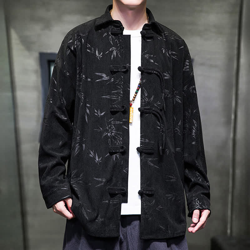 Buddha Stones Camisas de manga larga para hombre de pana con estampado de bambú y botones de rana estilo Tang para otoño/invierno. - image 22