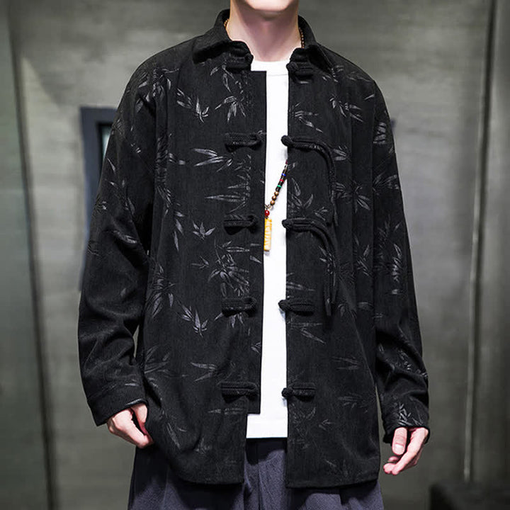 Buddha Stones Camisas de manga larga para hombre de pana con estampado de bambú y botones de rana estilo Tang para otoño/invierno. - image 22