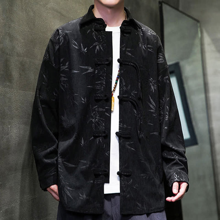 Buddha Stones Camisas de manga larga para hombre de pana con estampado de bambú y botones de rana estilo Tang para otoño/invierno. - image 20