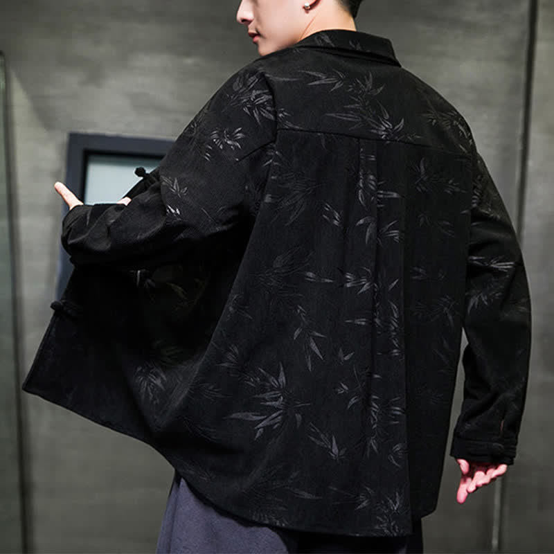 Buddha Stones Camisas de manga larga para hombre de pana con estampado de bambú y botones de rana estilo Tang para otoño/invierno. - image 21