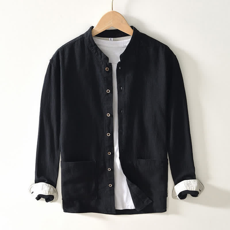 Buddha Stones Camisas de manga larga para hombre de lino liso con cuello mandarín, estilo casual de otoño, con bolsillos. - image 8