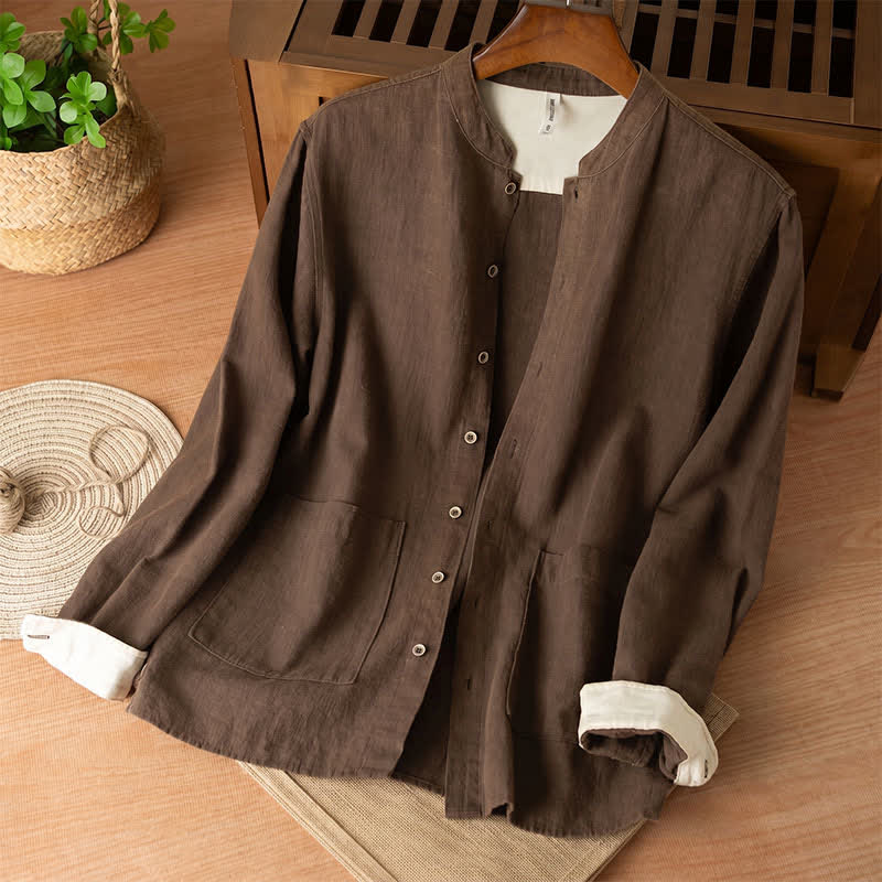 Buddha Stones Camisas de manga larga para hombre de lino liso con cuello mandarín, estilo casual de otoño, con bolsillos. - Marrón silla de montar - US/UK/AU44, EU54 (4XL) - image 0