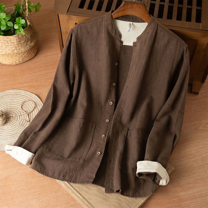 Buddha Stones Camisas de manga larga para hombre de lino liso con cuello mandarín, estilo casual de otoño, con bolsillos. - Marrón silla de montar - US/UK/AU44, EU54 (4XL) - image 0