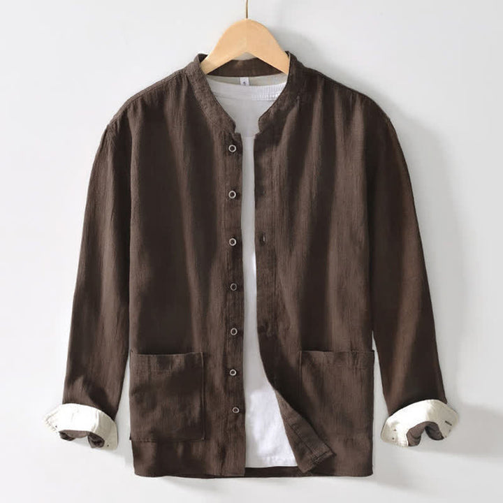 Buddha Stones Camisas de manga larga para hombre de lino liso con cuello mandarín, estilo casual de otoño, con bolsillos. - image 1