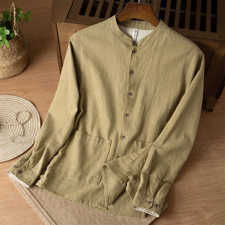 Buddha Stones Camisas de manga larga para hombre de lino liso con cuello mandarín, estilo casual de otoño, con bolsillos. - Caqui oscuro - US/UK/AU44, EU54 (4XL) - image 19