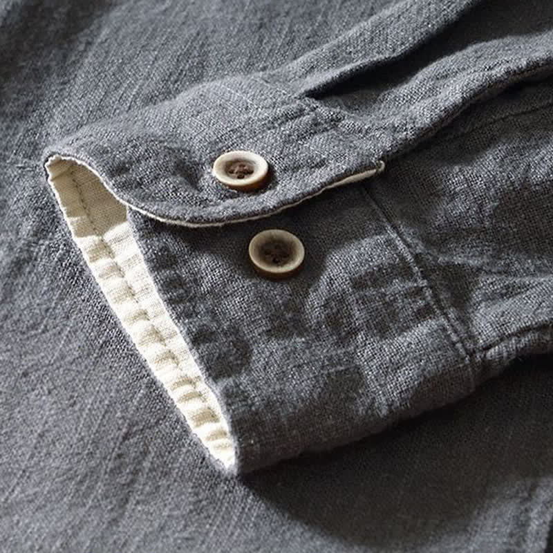 Buddha Stones Camisas de manga larga para hombre de lino liso con cuello mandarín, estilo casual de otoño, con bolsillos. - image 18