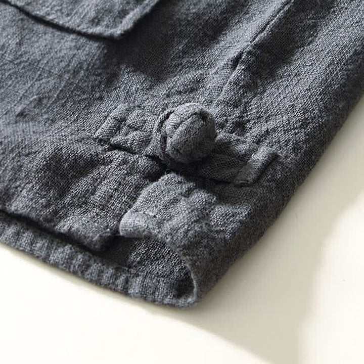 Buddha Stones Camisas de manga larga para hombre de lino liso con cuello mandarín, estilo casual de otoño, con bolsillos. - image 17