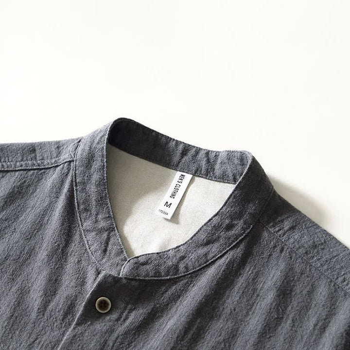 Buddha Stones Camisas de manga larga para hombre de lino liso con cuello mandarín, estilo casual de otoño, con bolsillos. - image 13