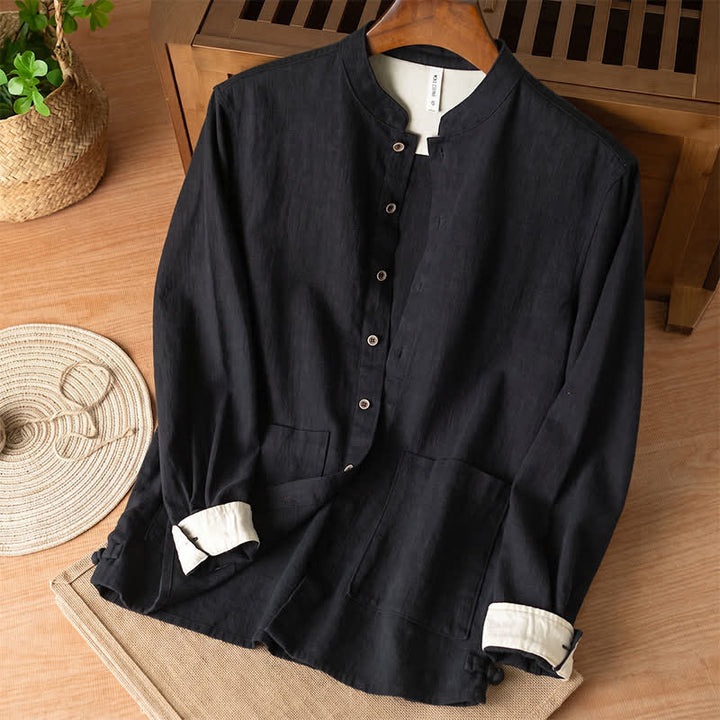 Buddha Stones Camisas de manga larga para hombre de lino liso con cuello mandarín, estilo casual de otoño, con bolsillos. - Negro - US/UK/AU44, EU54 (4XL) - image 7