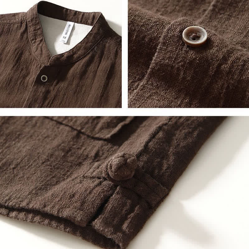 Buddha Stones Camisas de manga larga para hombre de lino liso con cuello mandarín, estilo casual de otoño, con bolsillos. - image 2
