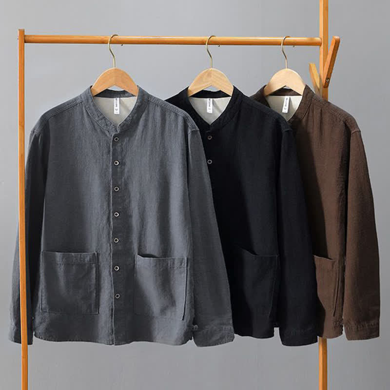 Buddha Stones Camisas de manga larga para hombre de lino liso con cuello mandarín, estilo casual de otoño, con bolsillos. - image 20