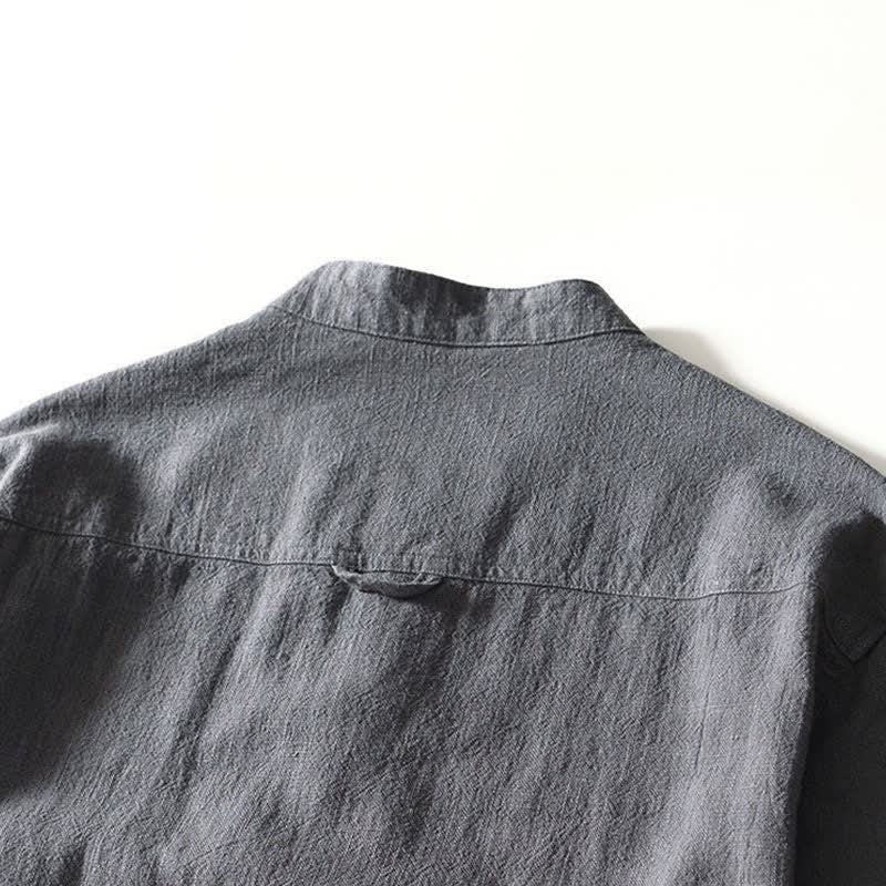 Buddha Stones Camisas de manga larga para hombre de lino liso con cuello mandarín, estilo casual de otoño, con bolsillos. - image 14