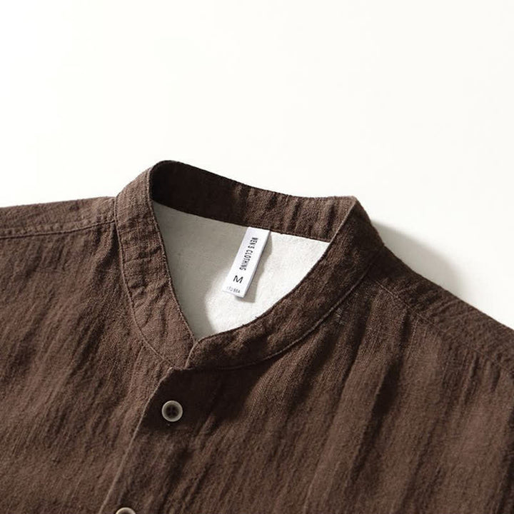 Buddha Stones Camisas de manga larga para hombre de lino liso con cuello mandarín, estilo casual de otoño, con bolsillos. - image 3