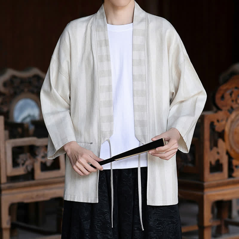 Buddha Stones Kimono de hombre de estilo Tang informal con cordón ajustable, de algodón y lino, manga tres cuartos, con bolsillo, ideal para primavera y verano. - image 1