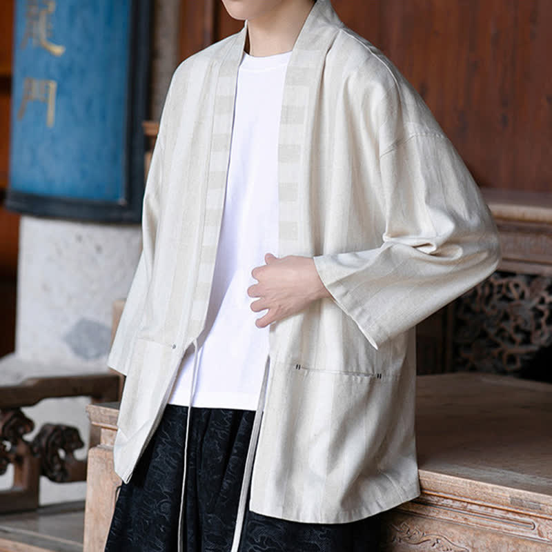 Buddha Stones Kimono de hombre de estilo Tang informal con cordón ajustable, de algodón y lino, manga tres cuartos, con bolsillo, ideal para primavera y verano. - image 3