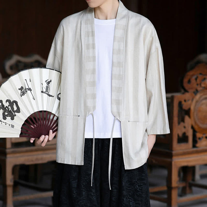Buddha Stones Kimono de hombre de estilo Tang informal con cordón ajustable, de algodón y lino, manga tres cuartos, con bolsillo, ideal para primavera y verano. - image 5