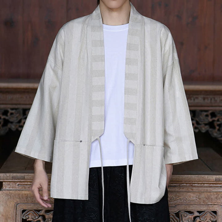 Buddha Stones Kimono de hombre de estilo Tang informal con cordón ajustable, de algodón y lino, manga tres cuartos, con bolsillo, ideal para primavera y verano. - image 6