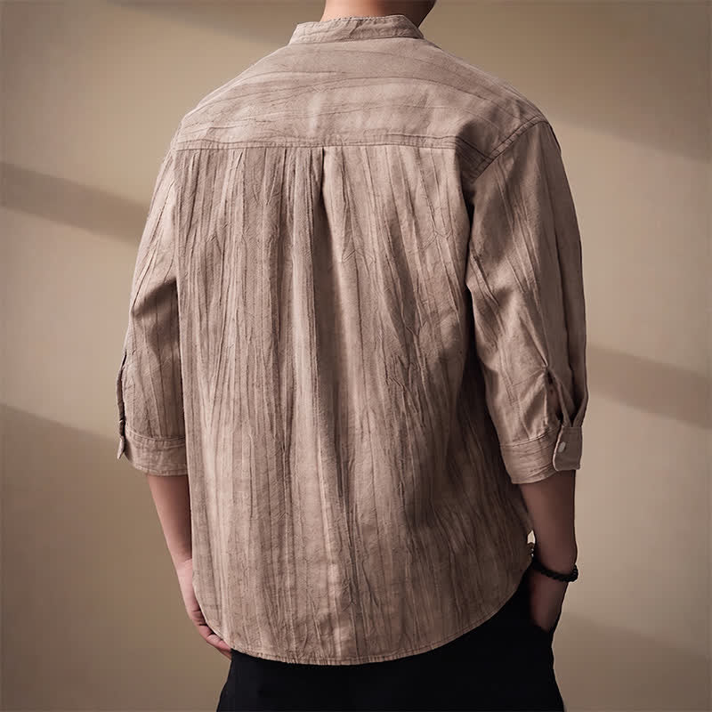 Buddha Stones Camisas de manga larga para hombre de algodón liso con cuello mandarín, estilo casual de primavera/verano, con bolsillo de parche. - image 3