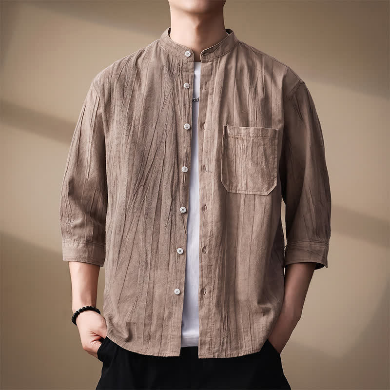 Buddha Stones Camisas de manga larga para hombre de algodón liso con cuello mandarín, estilo casual de primavera/verano, con bolsillo de parche. - Broncearse - US/UK/AU44, EU54 (4XL) - image 0