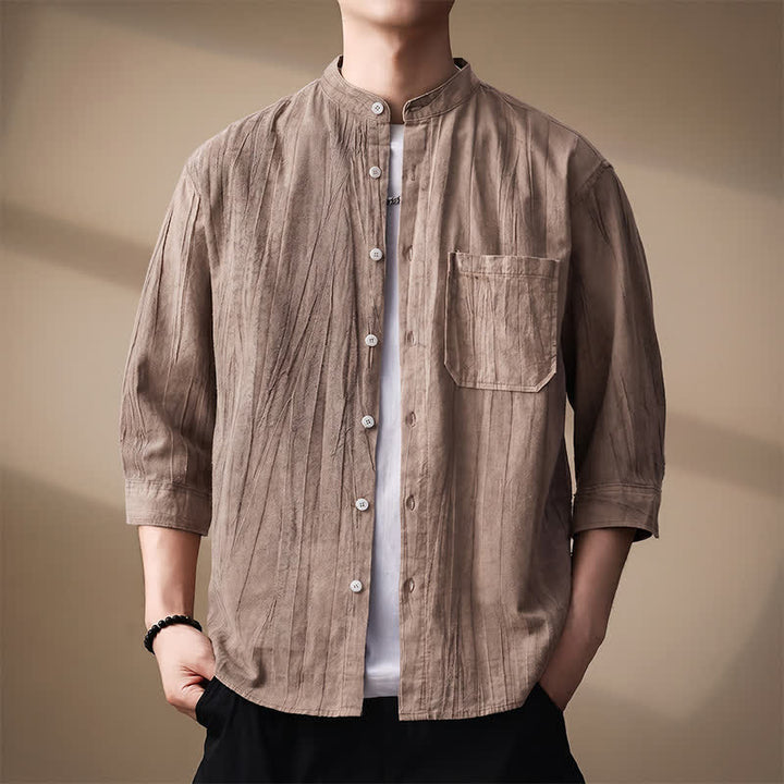 Buddha Stones Camisas de manga larga para hombre de algodón liso con cuello mandarín, estilo casual de primavera/verano, con bolsillo de parche. - Broncearse - US/UK/AU44, EU54 (4XL) - image 0